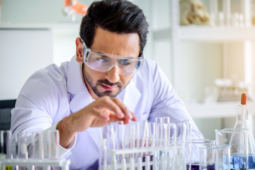 Wall Mural - attractive happiness scientist man lab technician assistant analyzing sample in test tube at laborat