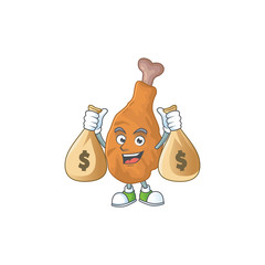 Sticker - Blissful rich fried chicken cartoon character having money bags