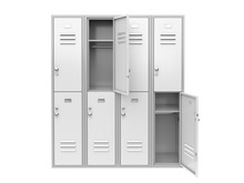 White Metal Locker With Open Doors. Two Level Compartment. 3d Rendering Illustration