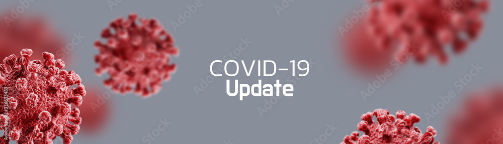 Background for asian flu outbreak and coronaviruses influenza concept. "COVID-19 Update" letter and red COVID-19 virus on grey background. 3d rendering illustration. - obrazy, fototapety, plakaty 