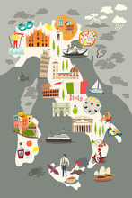 Italy Poster. Cartoon Map Of Italy For Kid/children. Italian Landmarks Vector Cute Poster. Illustrated Card. Italian Mozzarella And Pizza, Travel Attractions And Landmarks