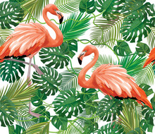 Seamless Tropical  Floral Pattern, Exotic Leaves  And Flamingos, Isolated.
