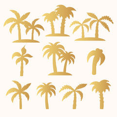 Wall Mural - Hand drawn golden tropical trees silhouette set. Gold palm, banana leaves. Vector isolated tropic pattern for summer design.