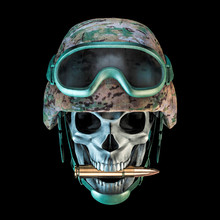Bite The Bullet Army Skull / 3D Illustration Of Grungy Military Soldier Skull Wearing Helmet And Goggles Biting Rifle Bullet