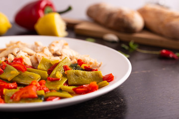 Wall Mural - Chicken nuggets with lemon and mix vegetables. Low fat protein lunch, fast lunch.