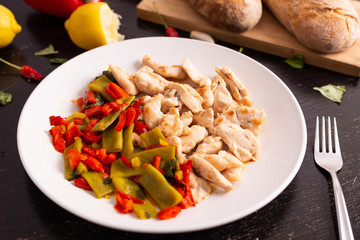 Wall Mural - Chicken nuggets with lemon and mix vegetables. Low fat protein lunch, fast lunch.