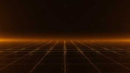 Wall Mural - abstract background shining golden floor ground particles stars dust perspective grid with flare. fu