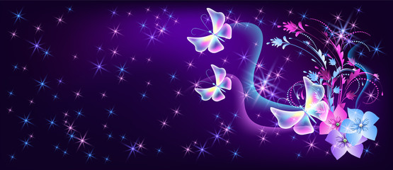 Wall Mural - Fantasy fabulous butterflies with mystical flowers ornament and sparkle glowing stars