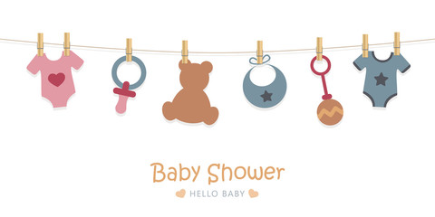 baby shower welcome greeting card for childbirth with hanging utensils vector illustration EPS10