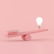 canvas print picture - Minimal conceptual idea of floating light bulb opposite with pink books on seesaw,knowledge concept. 3D rendering.