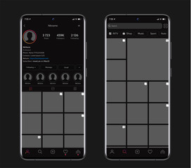 Wall Mural - Mobile App Social Network for Photo Sharing Instagram Dark style UI and UX. Frameless Smartphone Screen Isolated on Dark Background. Vector illustration EPS10