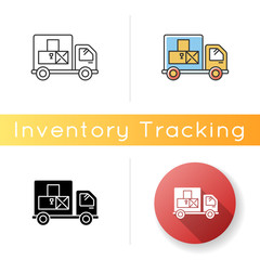 Sticker - Goods receipt icon. Logistics, distribution, merchandise delivery service. Cargo transportation and products supply. Linear, black and RGB color styles. Isolated vector illustrations