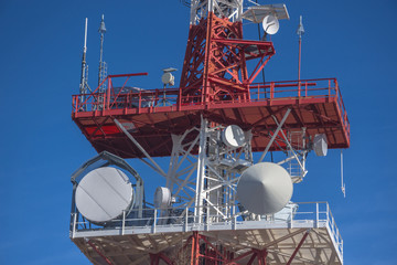 Detail of a telecommunication tower with directional mobile phone and internet antennas. Wireless communication equipment transmitter. 5G Technology.