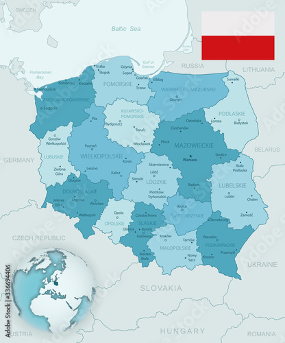 Obraz Dibond Niebiesko-zielona szczegółowa mapa Polski i podziałów administracyjnych z flagą kraju i lokalizacją na świecie. Ilustracji wektorowych