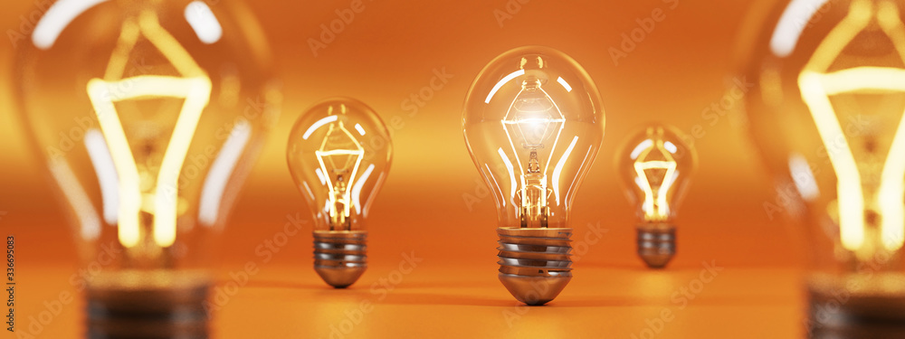 bulb on orange background. 3D rendering.	
 - obrazy, fototapety, plakaty 