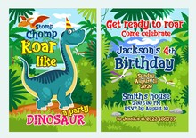 Invitation Template For Dinosaur Fun Celebration Vector Illustration. Bright Tropical And Green Decoration With Kind Dino Cartoon Design. Stomp Chomp Roar Like Dinosaur. Joyful Party Concept