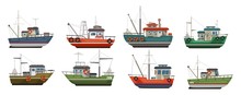 Different Types Of Sea Boats Flat Style Set Vector Illustration. Fishing Ships With Various Colours Flat Style. Sailboats For Ocean Access. Isolated On White Background