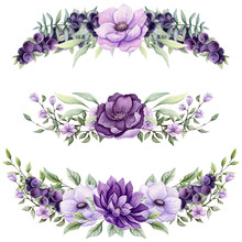 Set Of Watercolor Bouquets With Purple Flowers And Berries
