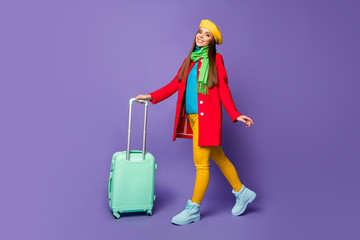 Poster - Full length body size view of her she nice attractive pretty charming lovely cheerful cheery straight-haired girl departing going to bus stop isolated on lilac purple violet pastel color background