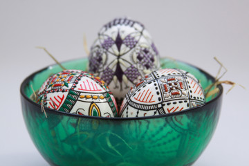 Traditional handmade Easter eggs in glass bowl