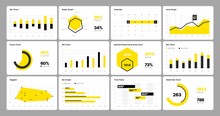 Infographic Elements In Yellow And Black Colors. Use In Presentation Template, Flyer, Leaflet And Corporate Report. UI And UX Kit With Big Data Visualization.