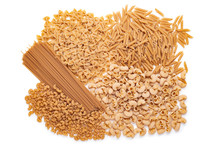 Assortment Of A Whole Grain Pasta Isolated Over White. Clipping Path At 300%