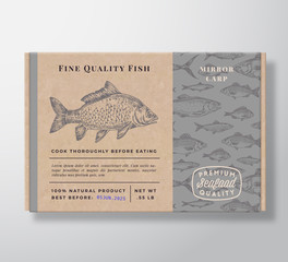 Wall Mural - fish pattern realistic cardboard container. abstract vector seafood packaging design or label. moder