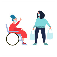 Volunteer helps disabled old woman with shopping. Social work during quarantine. Covid-19 awareness concept. Assistance to vulnerable category concept. Vector illustration in flat style