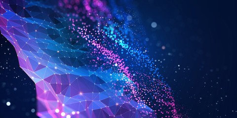 Poster - Abstract neural network. Big data concept. Global database and artificial intelligence. Bright, colorful 3D illustration with bokeh effect