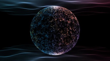 Wall Mural - glowing sphere in plexus network between waves moving on the top and bottom of the background.