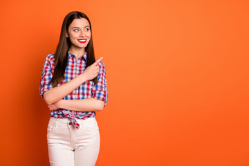 Wall Mural - portrait of positive cheerful girl point index finger copyspace indicate, ads promotion, recommend s