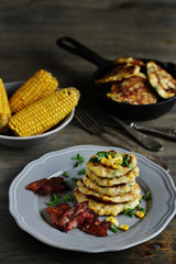 Wall Mural - corn fritters  and Bacon. pancakes with corn. dish with corn.