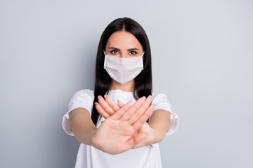 Canvas Print - Close-up portrait of nice attractive content healthy straight-haired girl showing stop sign crossed arms solution health quarantine measure contact isolated on light grey pastel color background