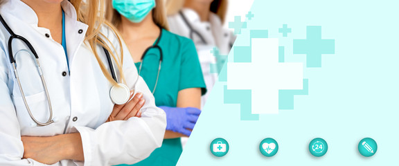 Healthcare people group. Professional doctor standing in hospital office or clinic. Medical banner with icons and space for text