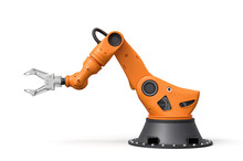 3d Rendering Of Orange Robotic Arm With Grey Gripper Standing On White Background.