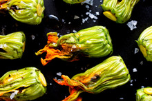 Close Up Of Squash Blossoms With†burrata†and†tapenade
