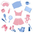 © Julia - Set of girly things (pijamas, slipping mask, socks, home shoes, mirror, hair brush, mug, bear toy, bobby pins) in blue and pink color