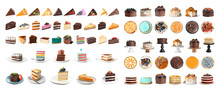 Set Of Different Delicious Cakes Isolated On White. Banner Design