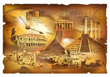 Fototapeta Sypialnia - Collage on the theme of eternity contains images of ancient architecture and ruins, who went through time on the backdrop of charred paper. Vector illustration.