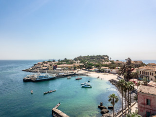 Aerial view on Goree Island in Dakar Senegal, slavery island by drone