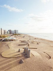 Aerial Top View on La Mano del Punta del Este, The Hand sculpture in Uruguay