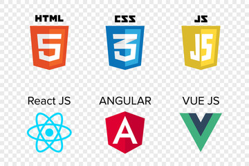 vector collection of web development shield signs: html5, css3, javascript, react js, angular and vue js.	
