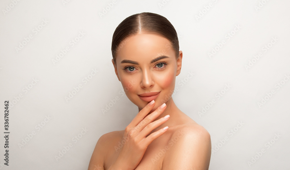 Beautiful young woman with clean fresh skin look away. Girl beauty face ...