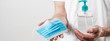 Covid-19 prevention medical masks and sanitizer gel for hand hygiene corona virus protection banner.