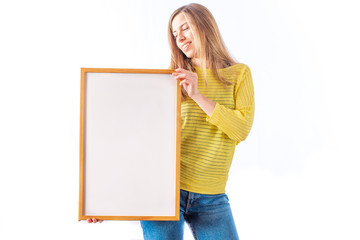 Woman holding a white sign