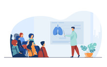 Medical College Professor Teaching Students. Doctor Presenting Human Lungs Infographics To Audience At Conference. Vector Illustration For Seminar, Lecture, Healthcare Meeting Concept