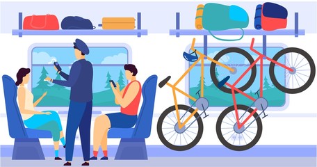 Train metro subway interior with commuting passengers, controllers, bycicles in luggage cell, baggage cartoon vector illustration. High-speed comfortable transportation train car interior or urban