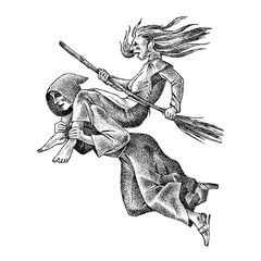 Witch flies with a broom and a monk. Ancient mythical Magic character. Engraved monochrome sketch. Hand drawn vintage old Fortune illustration.