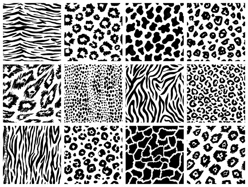 Animal seamless pattern set. Mammals Fur. Collection of print skins. Predators Camouflage. Cheetah Giraffe Zebra Leopard Holstein cattle Snake Jaguar. Printable Background. Vector illustration. - obrazy, fototapety, plakaty 
