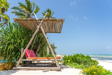 Wall Mural - Wooden swing under a canopy on the tropical beach near sea, island Zanzibar, Tanzania, East Africa